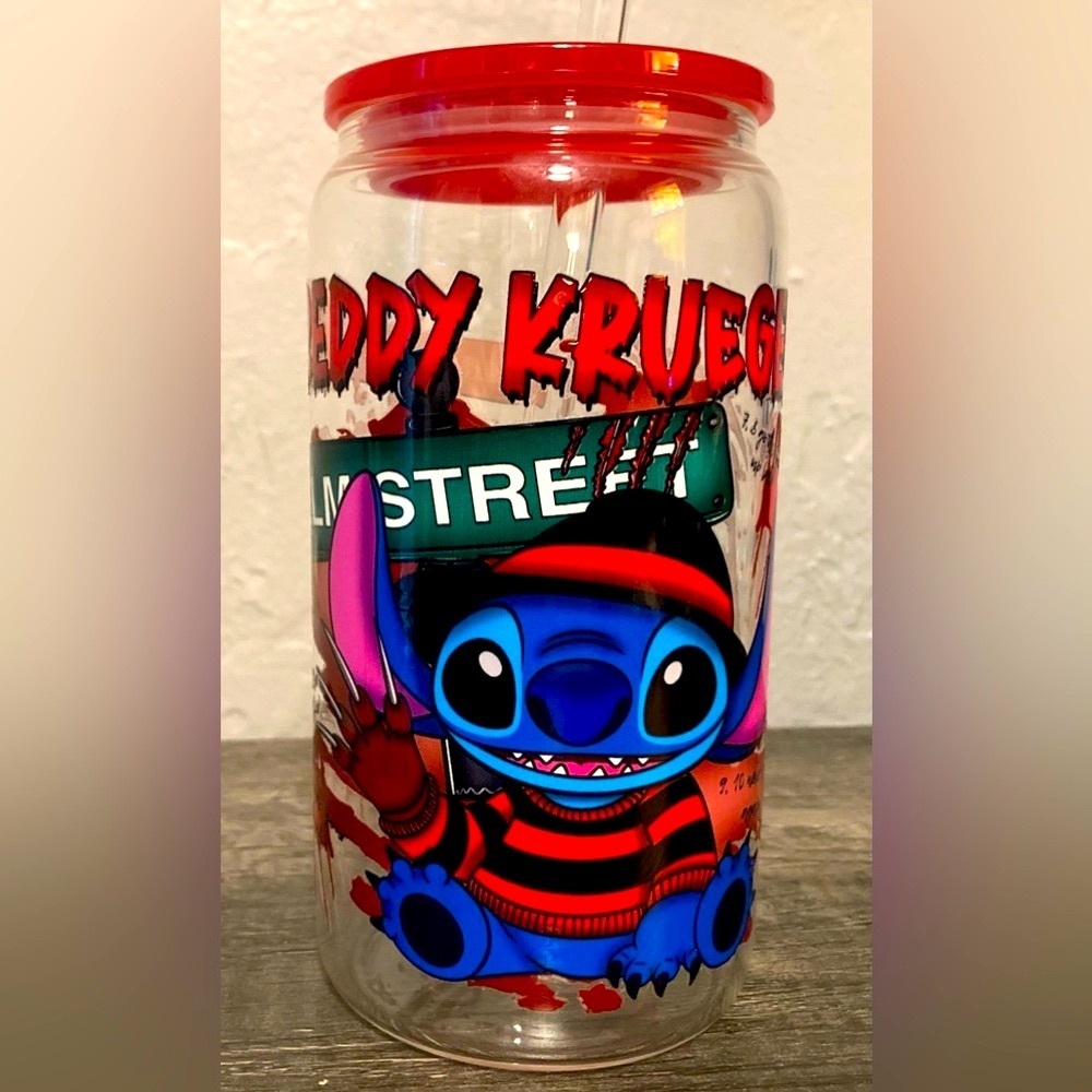 Hand Crafted Stitch Freddy Kruger Nightmare on Elm Street Glass Tumbler